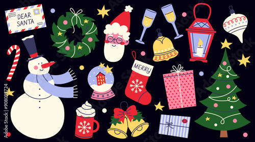 Set of cute Christmas and New Year elements. Winter celebration. Snowman, santa claus, christmas tree, snowball, gift box, cacao mug, wreath, lantern etc.