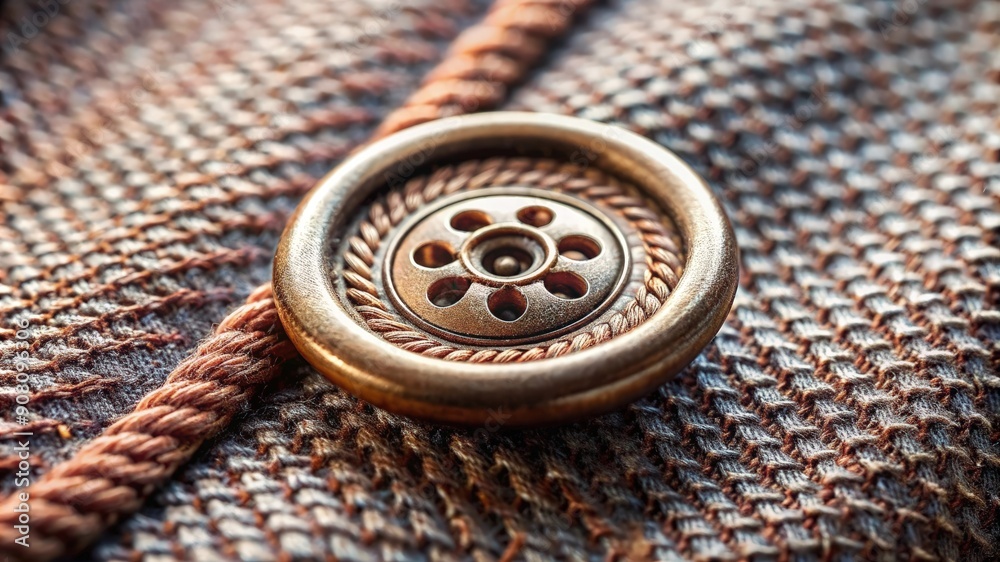 Closeup of round button on clothes fabric textile material. Fashion tailor sewing and dressmaking. Vintage needlework craft, retro garment apparel Closeup of round button on clothes fabric textile material. Fashion tailor sewing and dressmaking. Vintage needlework craft, retro garment apparel