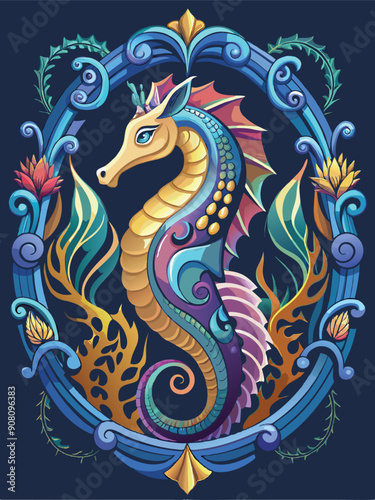 Ornate Frame Enclosing a Colorful Seahorse with Floral Motifs