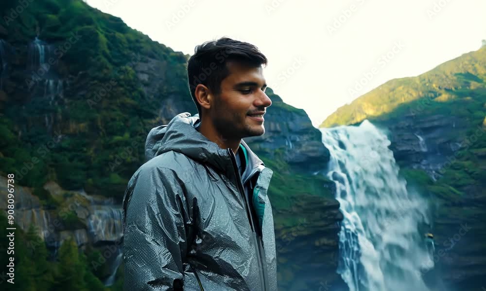 Full-length portrait video of a tender man in his 30s wearing a lightweight windbreaker against a waterfall background Full-length portrait video of a tender man in his 30s wearing a lightweight windbreaker against a waterfall background