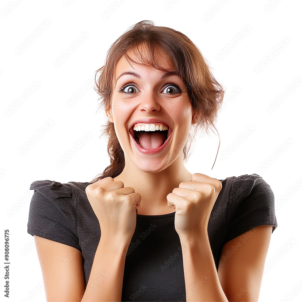 Happy Excited Woman Celebrating Success with Joyful Expression and Raised Fists, Perfect for Concepts of Happiness, Success, and Positive Emotions in a Bright and Cheerful Setting Happy Excited Woman Celebrating Success with Joyful Expression and Raised Fists, Perfect for Concepts of Happiness, Success, and Positive Emotions in a Bright and Cheerful Setting