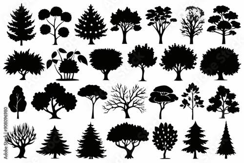 A set of 40 various types of trees and shrubs in black vector