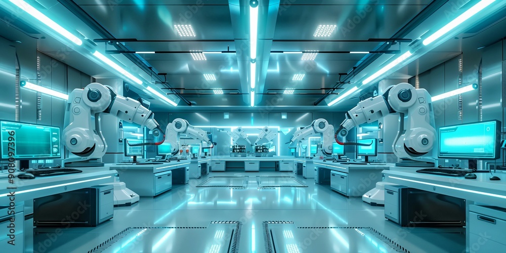 Technology, high-tech laboratory interior with robotic arms and modern design Technology, high-tech laboratory interior with robotic arms and modern design