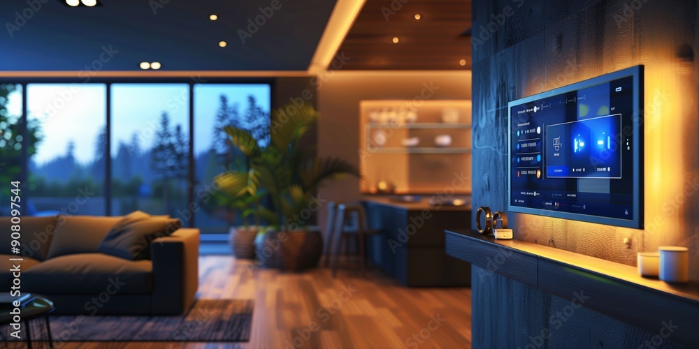 Technology, modern smart home control center with a large touchscreen interface, Home automation, futuristic control panel in a stylish living room setting Technology, modern smart home control center with a large touchscreen interface, Home automation, futuristic control panel in a stylish living room setting
