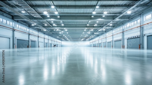 A large  empty warehouse with a lot of light shining on the floor