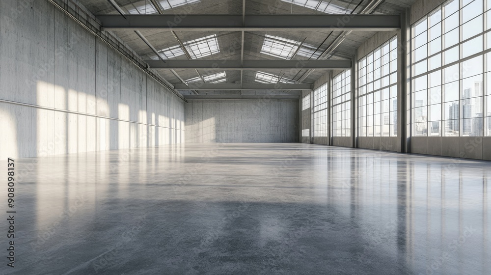 A large, empty warehouse with a lot of windows A large, empty warehouse with a lot of windows