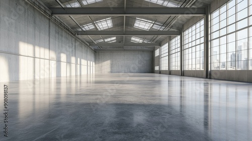 A large, empty warehouse with a lot of windows © Nijieimu