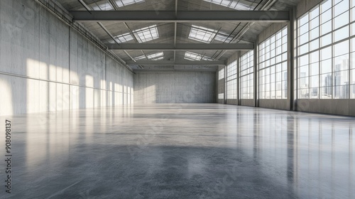 A large, empty warehouse with a lot of windows