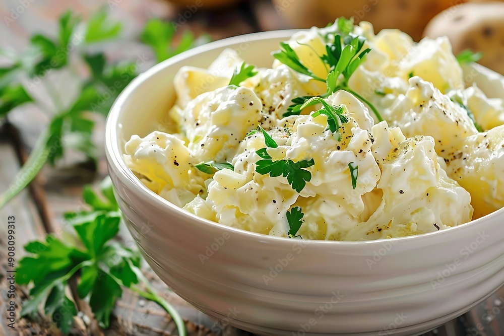 Potato salad with mayonnaise and dill in a bowl Potato salad with mayonnaise and dill in a bowl
