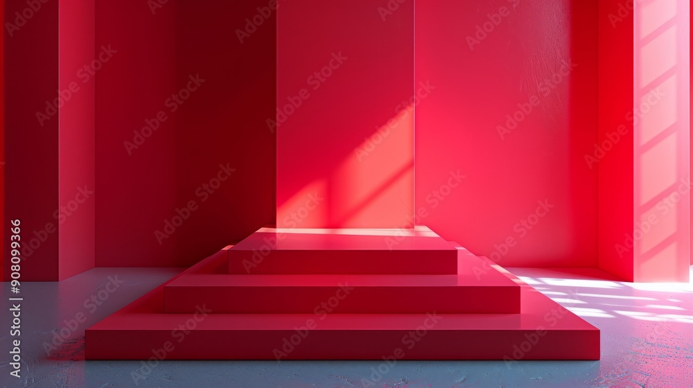 Red platform for beauty presentation in modern studio space Red platform for beauty presentation in modern studio space