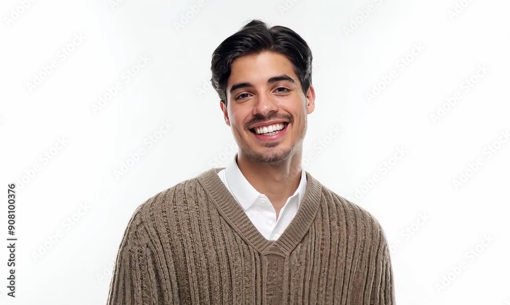 Medium shot portrait video of a grinning man in his 20s wearing a chic cardigan against a white background Medium shot portrait video of a grinning man in his 20s wearing a chic cardigan against a white background