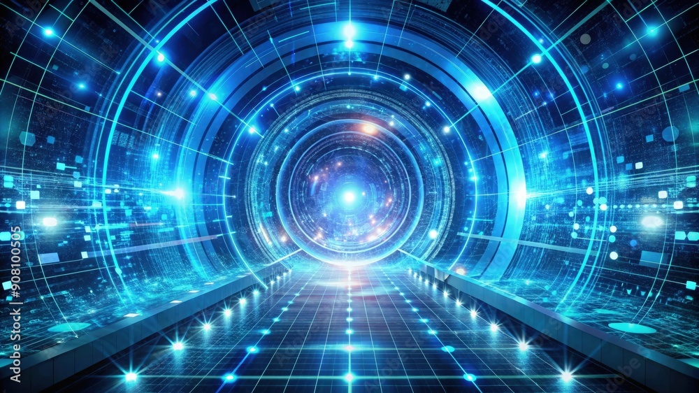 Digital futuristic technology cyberspace holographic blue illustration. Virtual reality interface, abstract hologram network space, business information data visualization, dynamic tunnel loop Digital futuristic technology cyberspace holographic blue illustration. Virtual reality interface, abstract hologram network space, business information data visualization, dynamic tunnel loop