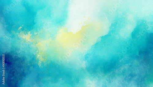 Turquoise and yellow watercolor paint background. Abstract stain backdrop