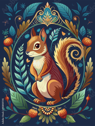 A Squirrel Surrounded by Lush, Ornate Floral Artwork