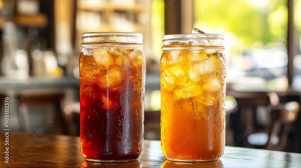Show iced tea served in elegant glassware, such as tall glasses, mason jars, or stylish tumblers, with condensation on the outside, emphasizing the cold and refreshing nature of the drink Show iced tea served in elegant glassware, such as tall glasses, mason jars, or stylish tumblers, with condensation on the outside, emphasizing the cold and refreshing nature of the drink