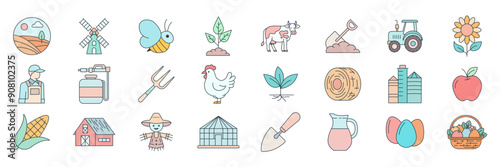 agriculture icons set, Included icons as Barn, Greenhouse, Hay Bale, Corn and more symbols collection, logo isolated vector illustration