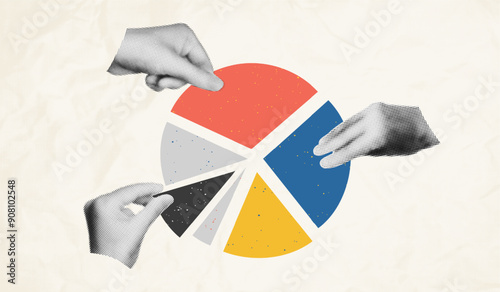 Halftone hands holding pie chart diagram parts art collage. Business data and market share concept. Modern retro grunge banner vector illustration isolated on ripple paper background