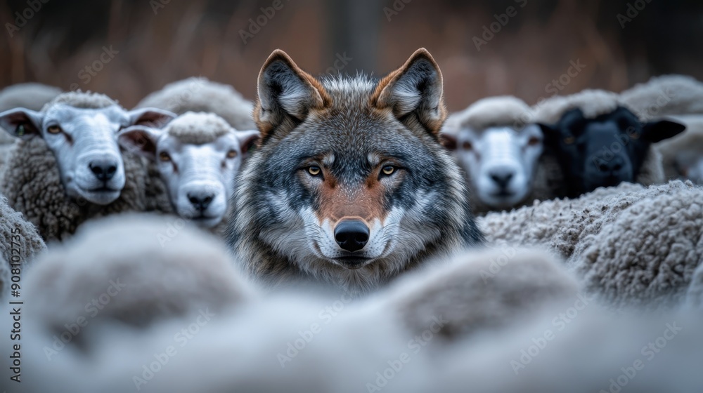 Obraz premium Wolf blending in with a flock of sheep, symbolizing deception and disguise in a seemingly safe environment.