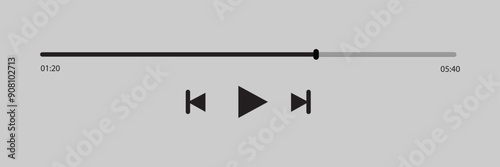 Audio player for songs or podcast playlist. Play or pause button. Music or video play bar icon on grey background. Vector illustration. Eps file 43.