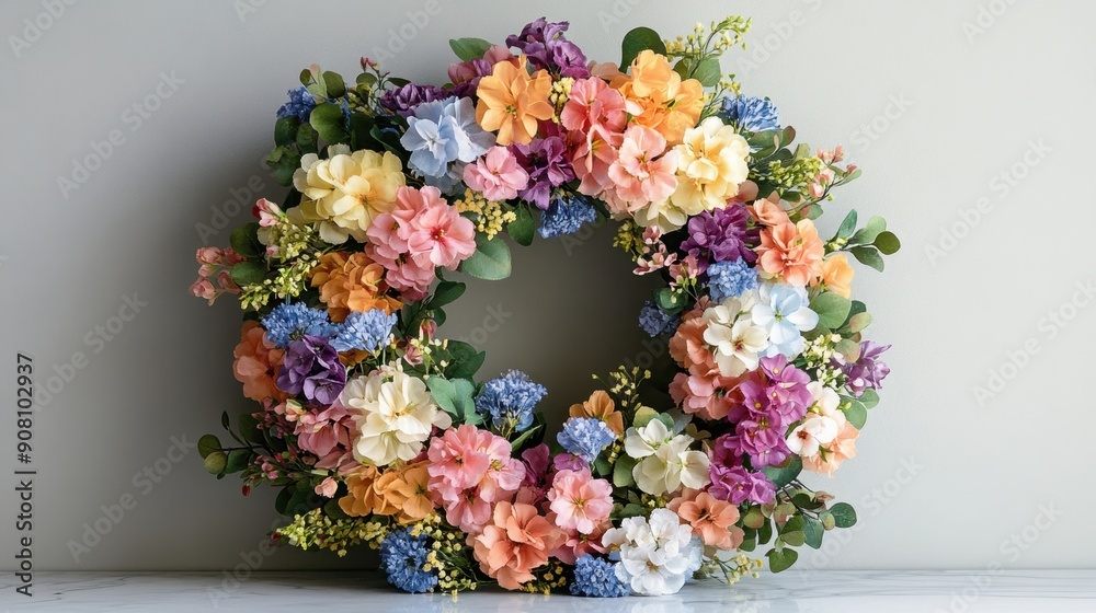 Elegant flower wreath with vibrant, blooming flowers in various colors. Elegant flower wreath with vibrant, blooming flowers in various colors.