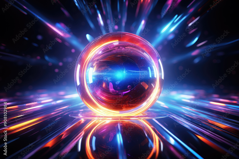 Obraz premium generated illustration close-up of rotating illuminated colorful crystal ball against black background