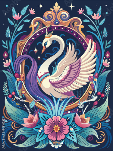 Ornate Floral Frame Enclosing a Majestic Swan