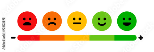 Smile rating: bad, poor, average, good, excellent. Emotion levels on scale different faces icon. Satisfaction, pain feedback with emoticon concept. Colorful vector smile rating illustration.