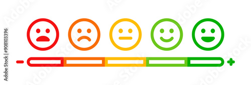 Smile rating: bad, poor, average, good, excellent. Emotion levels on scale different faces icon. Satisfaction, pain feedback with emoticon concept. Colorful vector smile rating illustration.