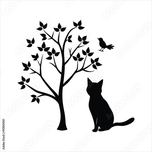 Silhouette Cat Sitting on a Branch Vector Illustration.