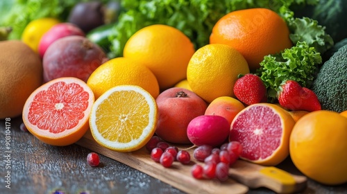 Fototapeta Naklejka Na Ścianę i Meble -  Assortment of fruits and vegetables on a table. Healthy and colorful food display.