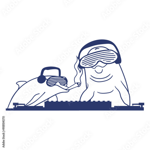 Two DJ Dolphins 2 Team Friends Duo Crew Animals Sunglasses Headphone Techno Disco Dance Club Music Party Time Mixing Console Record Player Vinyl Plate Deejay Mixer Funny Cool Comic Cartoon Drawing Art