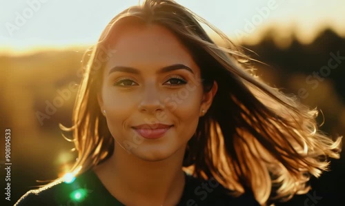 Portrait of a beautiful young woman with long wavy hair.