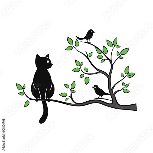 Silhouette Cat Sitting on a Branch Vector Illustration.