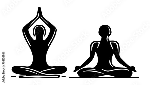 Vector illustration, Line art of yoga poses, simple line style, elegant and sophisticated silhouettes, black outlines on a white background