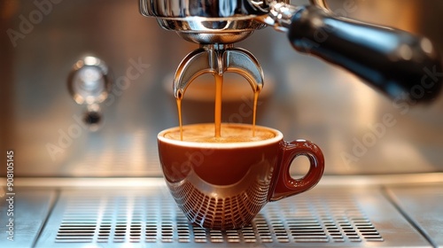 An espresso machine pouring a rich, dark coffee into a cup. photo