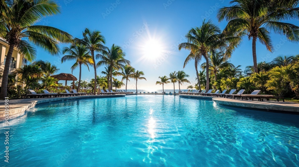 Luxurious hotel pool in the Caribbean, surrounded by palm trees and a bright blue sky. Luxurious hotel pool in the Caribbean, surrounded by palm trees and a bright blue sky.
