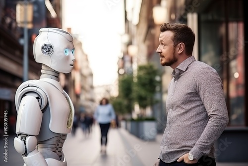 A man on is talking in disbelief to a robot on a city street