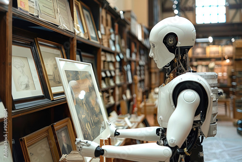 A robot in a museum holds a painting in his hands photo