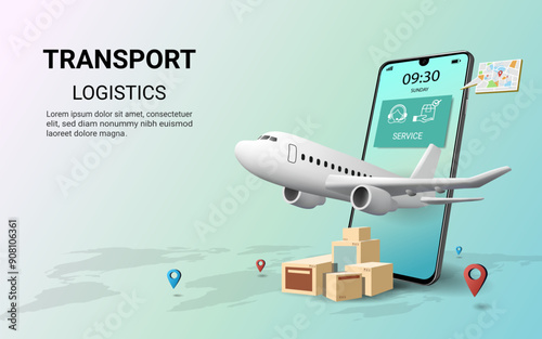 Online delivery service on mobile. Global logistic, Airplanes and parcel box, Transportation, Air logistics. Airplane, warehouse. Concept of web page design for website or banner. 3D Vector. Eps 10