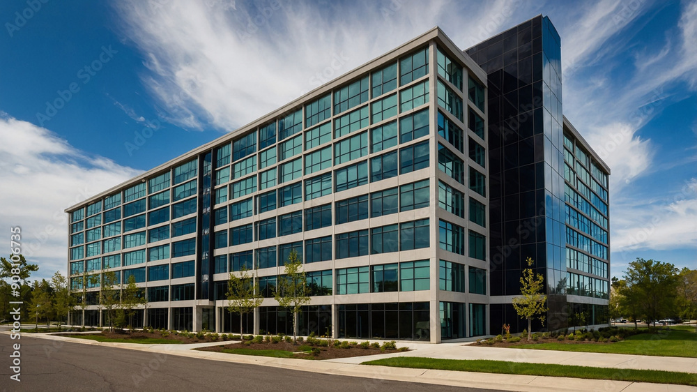 Modern Office Building Exterior with Glass Facade and Green Landscaping Modern Office Building Exterior with Glass Facade and Green Landscaping