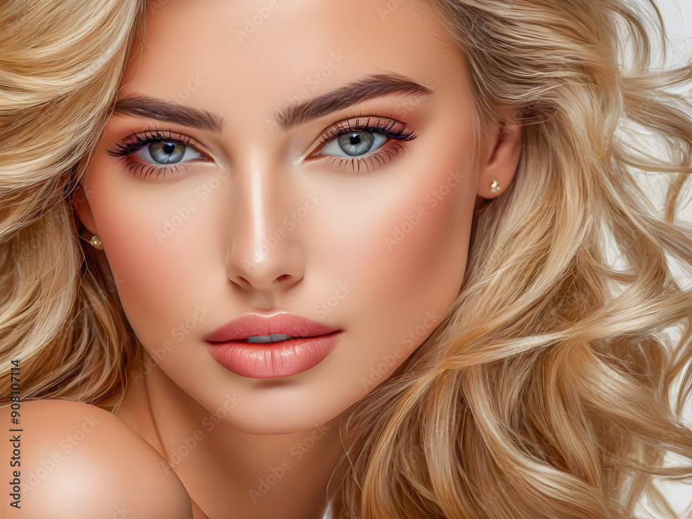 Beautiful sensual model girl closeup with long sexy hair, clean skin .Beauty smiling woman, blonde curly hairstyle. Fashion portrait, Face care, Facial treatment, cosmetics and makeup. AI generated Beautiful sensual model girl closeup with long sexy hair, clean skin .Beauty smiling woman, blonde curly hairstyle. Fashion portrait, Face care, Facial treatment, cosmetics and makeup. AI generated