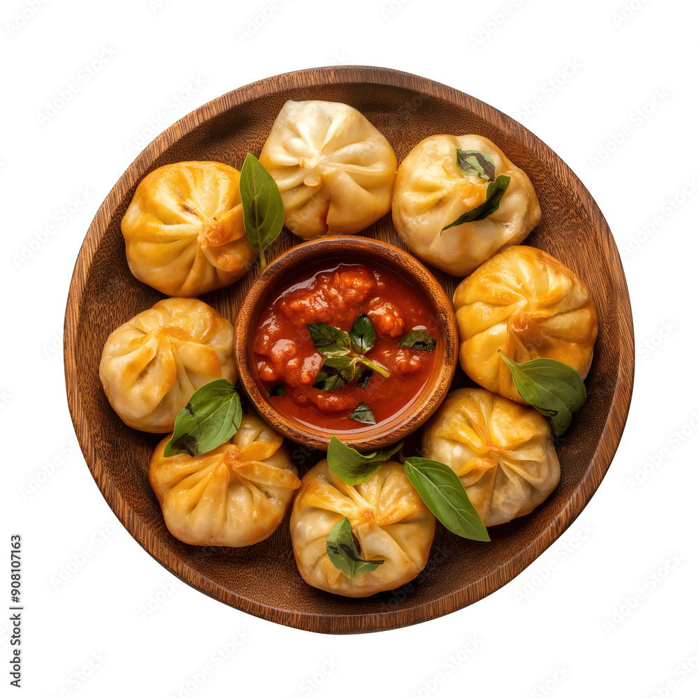 Dumpling momos with sauce in a wooden plate isolated on transparent background Remove png, Clipping Path, pen tool Dumpling momos with sauce in a wooden plate isolated on transparent background Remove png, Clipping Path, pen tool