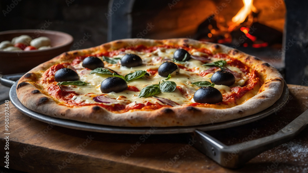 Freshly Baked Pizza with Basil in a Wood-Fired Oven Perfect Authentic Italian Delight Freshly Baked Pizza with Basil in a Wood-Fired Oven Perfect Authentic Italian Delight