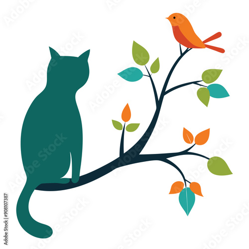 Silhouette Cat Sitting on a Branch Vector Illustration.