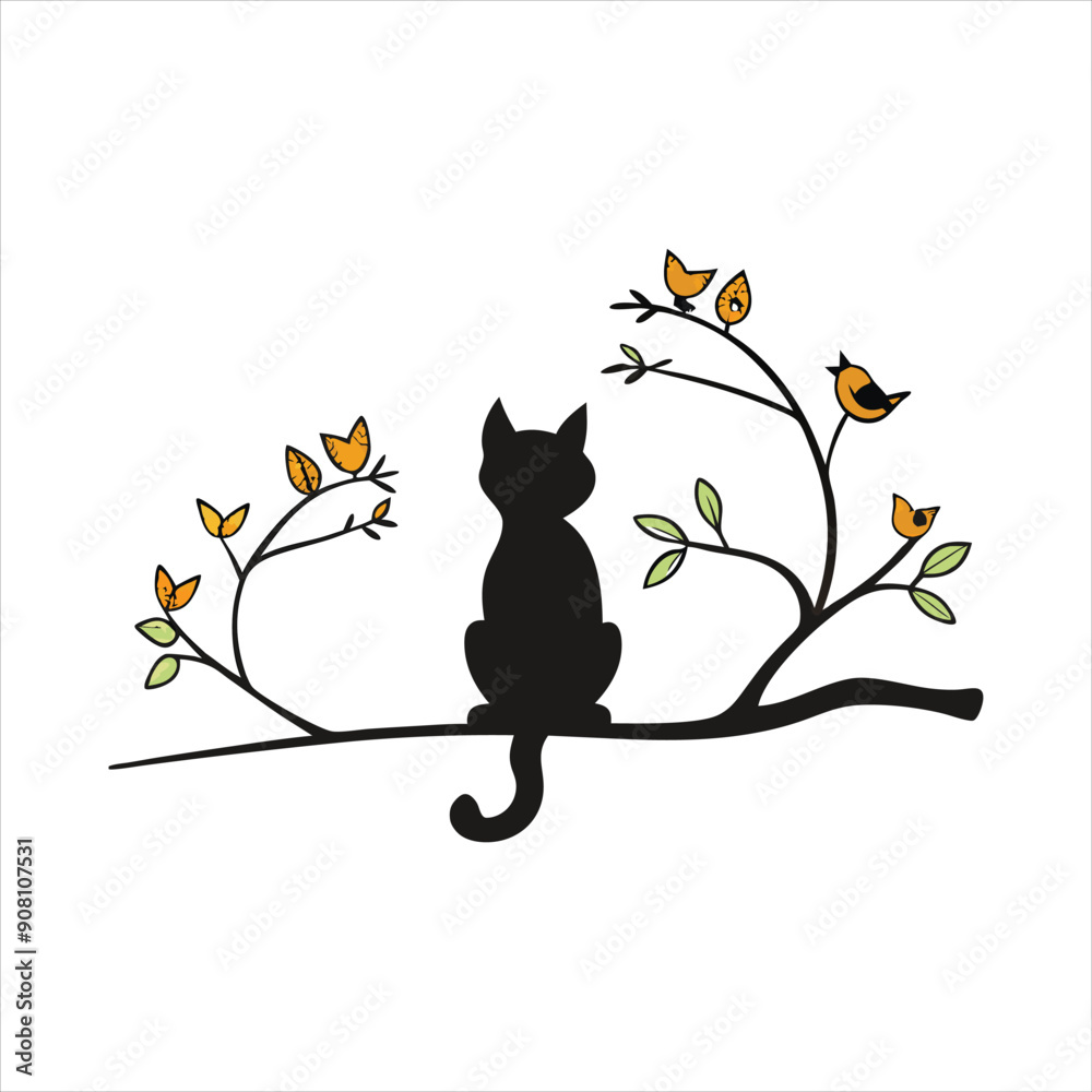 Silhouette Cat Sitting on a Branch Vector Illustration. Silhouette Cat Sitting on a Branch Vector Illustration.