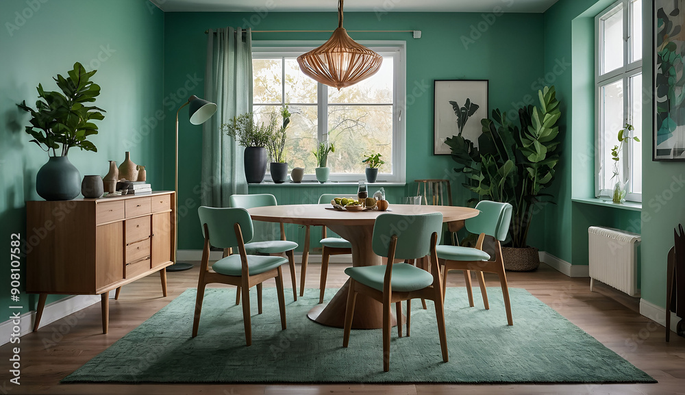 Mint color chairs at round wooden dining table in room with sofa and cabinet near green wall. Scandinavian, mid-century home interior design of modern living room Mint color chairs at round wooden dining table in room with sofa and cabinet near green wall. Scandinavian, mid-century home interior design of modern living room