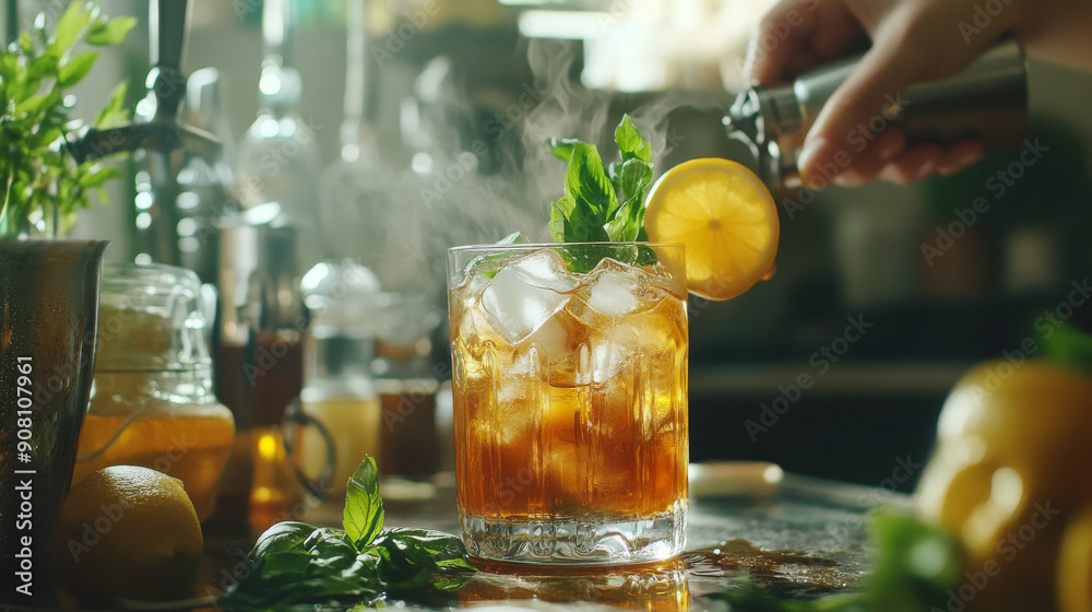 Show the process of making iced tea, from brewing the tea leaves to adding ice and garnishes, highlighting the simplicity and creativity involved in crafting the perfect iced tea. Show the process of making iced tea, from brewing the tea leaves to adding ice and garnishes, highlighting the simplicity and creativity involved in crafting the perfect iced tea.