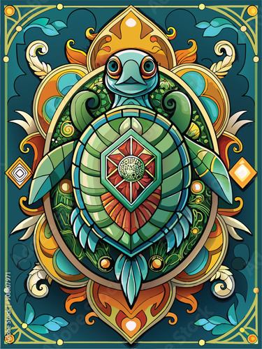Ornate Green Turtle with Geometric Shell and Floral Background