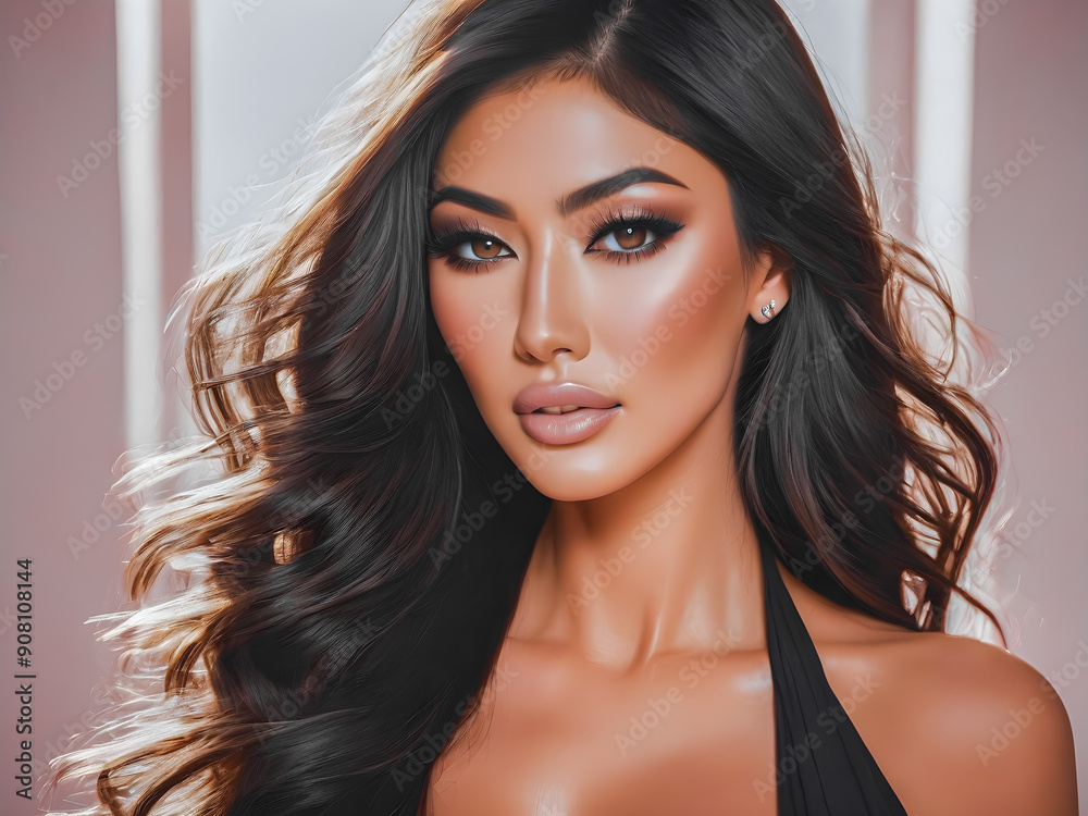Fototapeta premium Beautiful stylish woman closeup portrait. Sensual sexy attractive brunette magical eyes, lips, clean face skin. Beauty girl skin care, facial cosmetics and makeup concept. AI generated