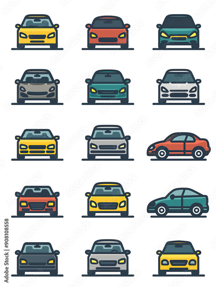 Collection of Colorful Car Icons in Front and Side Views.., generative ai image Collection of Colorful Car Icons in Front and Side Views.., generative ai image